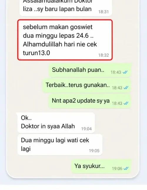 Tangkapan skrin WhatsApp testimoni bacaan gula turun 24.6 ke 13.0