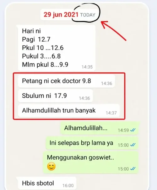 Tangkapan skrin WhatsApp testimoni bacaan gula turun 17.9 ke 9.8