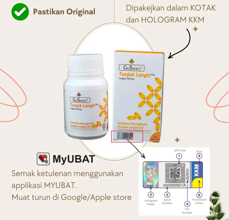 Pastikan original GoSwiet Tunjuk Langit dengan sijil hologram KKM dan aplikasi MyUBAT